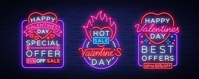 valentine's day vector sales, set of design patterns for posters in neon style. collection of neon signs, neon banner, bright night advertising, brochure, flyer, postcard. vector illustration
