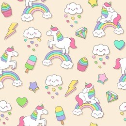 cute pastel unicorn and doodle elements seamless pattern background
