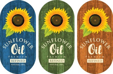 set of three vector labels for refined sunflower oil with sunflower and the inscription on the wooden background of different colors