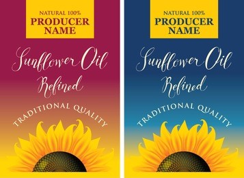 set of two vector labels for refined sunflower oil with sunflower and calligraphy handwritten inscription on red and blue gradient background