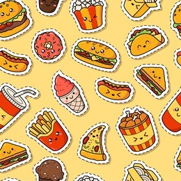 set of vector cartoon doodle icons junk food. illustration of comic fast food. seamless texture, pattern, wallpaper, background. signs and symbols. patch, badge