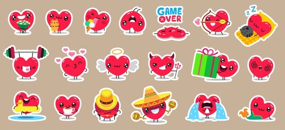 set of patch badges and stickers with cute hearts characters. vector design.