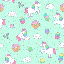 cute pastel unicorn, dessert, star, cloud seamless pattern with sprinkles background