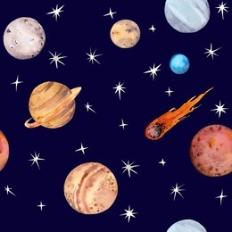 space seamless pattern - planets, comet, stars. watercolor astronomy science repeating background