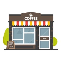 coffee shop building facade. signboard with big hot cup of coffee. flat style vector illustration. isolated on white background.
