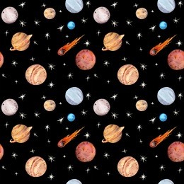 space seamless pattern - planets, comet, stars. watercolor cosmos and universe background