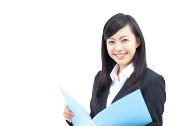 young business woman holding a file, isolated on white background