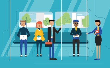 vector flat linear illustration, people ride in a train car to work, interior of a subway car, vector city public transport