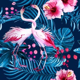 watercolor seamless pattern with flamingos and tropical leaves on a dark background