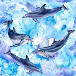 sea blue seamless pattern with dolphins. illustration. watercolor. template. clipart. sea life