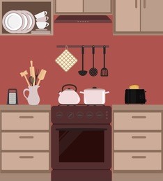 fragment of a kitchen interior in brown color. there is a kettle and pan on the stove, also toaster, a jar with kitchen utensils and other objects in the picture. vector flat illustration