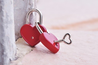 couple red heart lock with key  lean against vintage pole, vlentine love symbol