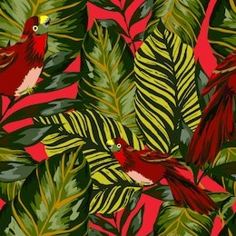 tropical seamless pattern with leaves and red parrot.beautiful allover print with hand drawn exotic plants and birds. swimwear tropical design.
