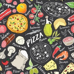 pizza seamless pattern hand drawn sketch. pizza doodles food background with flour and other food ingredients, oven and kitchen tools. vector illustration.