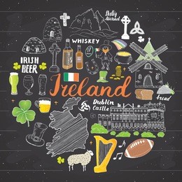 ireland sketch doodles. hand drawn irish elements set with flag and map of ireland, celtic cross, castle, shamrock, celtic harp, mill and sheep, whiskey bottles and irish beer, vector on chalkboard.
