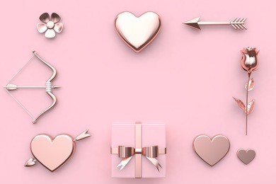 abstract metallic valentine concept 3d rendering flower heart arrow bow gift box rose pink background