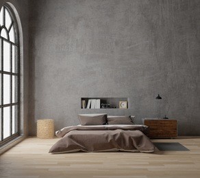 3d rendering loft style bedroom with raw concrete ,wooden floor,big window 
