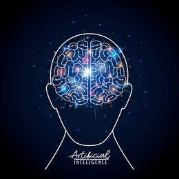 artificial intelligence poster with human head silhouette with brain in transparency over dark blue background with sparkles
