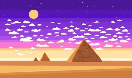cartoon pixel art illustration of pyramids  in the desert. pixel art game background in desert with ground, stars, sky, clouds and moon