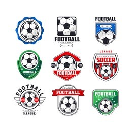 soccer league logo set. collection of football tournament emblems decorated with balls, ribbons and stars. line art flat vector icons