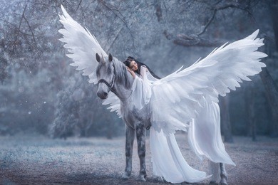 beautiful, young elf, walking with a unicorn. she is wearing an incredible light, white dress. the girl lies on the horse. sleeping beauty. artistic photography