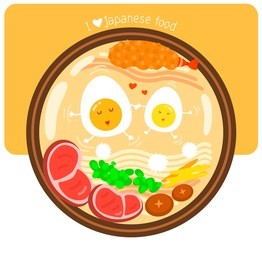 the love for japanese food illustration with text "i love japanese food", abstract picture about the love and japanese food, top view of bowl of ramen noodles with two happy boiled egg character