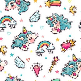vector seamless hand drawn pattern with cute adorable unicorns, clouds, rainbow and stars in cartoon style. magic background with little unicorns.