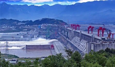the three gorges dam on the yangtze river in china, on a poor air quality day.