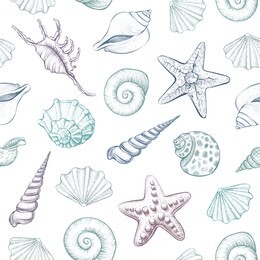 seashells vector seamless pattern. hand drawn marine illustrations of engraved line. colorful background.