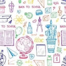 seamless pattern with cute hand drawn educational tools including pencils; pens; eraser; globe; brush; and others. vector hand drawn back to school collection