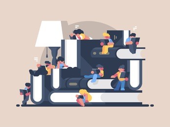 women and men read books. book festival fair. vector illustration