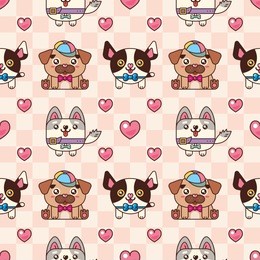 seamless pattern. lovely puppies of different breeds on a pink checkered background with hearts. funny dogs. greeting card for st. valentine's day.
