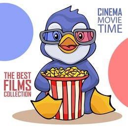 funny cinema vector illustration. cute cartoon penguin in cinema watching a 3d movie in the glasses. happy bird watch film and to holds bucket of popcorn. 
