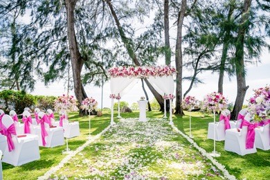 wedding venue on the beach, with white pink theme - samui island, thailand