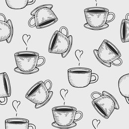 vector coffe cup or tea cup engraving seamless pattern on light background. vintage hand drawn bages set. illustration for menu, ads