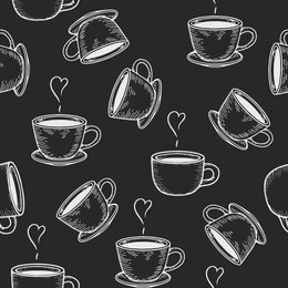 vector coffe or tea cups engraving seamless pattern on black background. vintage hand drawn bages set. illustration for menu, ads