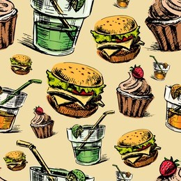 fast food colorful seamless pattern. hand drawing sketch vector background