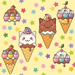 seamless pattern. cute kittens in ice cream cones. vanilla and chocolate kittens with whipped cream, cherries and strawberries. japanese style kawaii.
