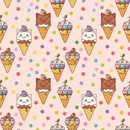 seamless pattern. cute kittens in ice cream cones. vanilla and chocolate kittens with whipped cream, cherries and strawberries.