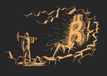bitcoin miner near bitcoin mined from rock. hand drawn. vector.