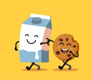 cartoons of fun characters milk and cookies. vector flat