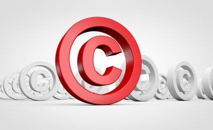 red copyright symbol and icon intellectual property conceptual 3d illustration.