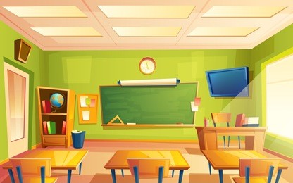vector school classroom interior. university, educational concept, blackboard, table, chair college furniture. training room illustration for advertising, web, internet promotion