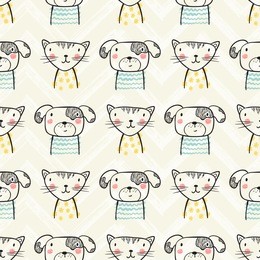 cute scandinavian style animal faces seamless pattern. hand drawn doodle cartoon cats and dogs background for kids. funny puppy and kitten.  vector pets