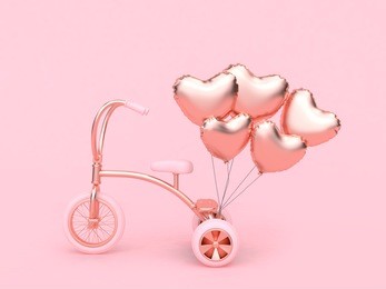 pink tricycle-bike heart balloon floating 3d rendering love valentine concept