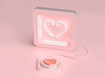 abstract heart neon light and button love valentine concept 3d rendering
