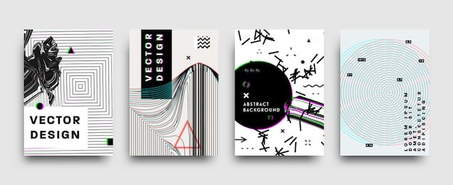 covers templates set with bauhaus, memphis and hipster style graphic geometric and glitch elements. applicable for placards, brochures, posters, covers and banners. vector illustrations.