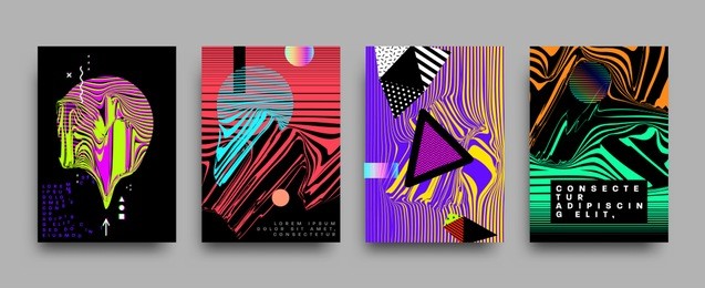 covers templates set with bauhaus, memphis and hipster style graphic geometric and glitch elements. applicable for placards, brochures, posters, covers and banners. vector illustrations.