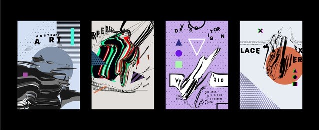 covers templates set with bauhaus, memphis and hipster style graphic geometric and glitch elements. applicable for placards, brochures, posters, covers and banners. vector illustrations.