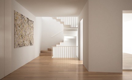 minimalistic stair in modern empty space, white architecture interior design, 3d illustration